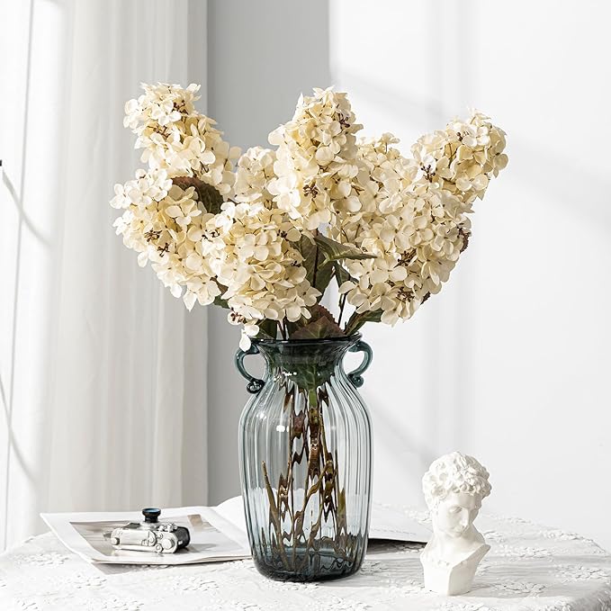 Ttranewsoo Hydrangea Artificial Flowers,Fall Hydrangeas Artificial Flowers, Fake Fall Dried Hydrangea Decoration,Faux Silk Flower with Stems Winter Decor Without Vase（Cream White 8PCS
