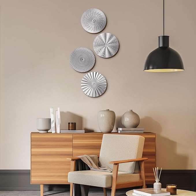Hicarer 4 Pcs 12 Inch Metal Wall Art Decor Sunburst Hanging Metal Artwork Decor Wall Art Decorations for Home Living Room Office Gift for Christmas(Silver)