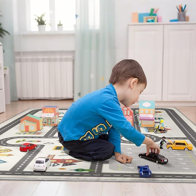 4x6ft Kids Town Road Play Rug - Non-Slip Faux Wool Carpet with Interactive City Map Design, Educational Toy Vehicle Mat for Kids, Bedroom Playroom Nursery Gift.