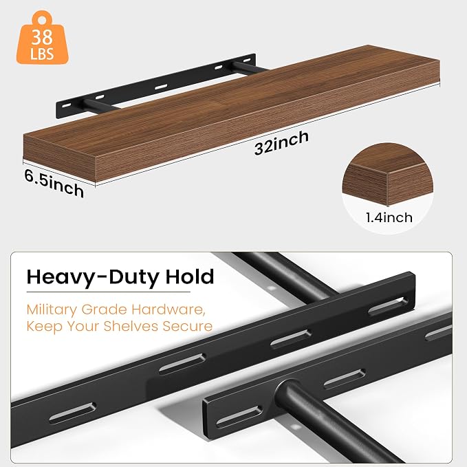 Fun Memories Floating Shelves for Wall, 32 Inch Set of 2 Rustic Wood Wall Shelves with Invisible Brackets, Heavy Duty Storage Display for Living Room Bedroom Kitchen, Walnut