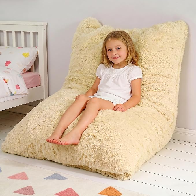 3 in 1 Kids Bean Bag Chair Bed, Kids Fluffy Stuffed Floor Pillow for Gaming and Reading, Ultra Soft Faux Fur Fabric Bean Bag Chairs to Lounger for Playroom, Living Room, Bedroom, Beige
