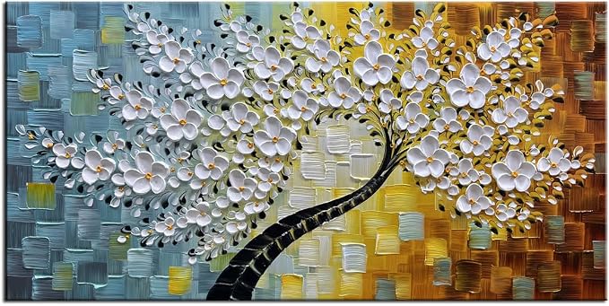 YaSheng Art - Wall Art Oil Painting ,100% HandPainted 3D Texture Wall Art Artwork White Flower Tree Paintings ,Abstract Canvas Wall Art ,Bedroom Dining Room Living Room Modern Wall Art Decor Home , Framed Wall Art Picture 24x48inch