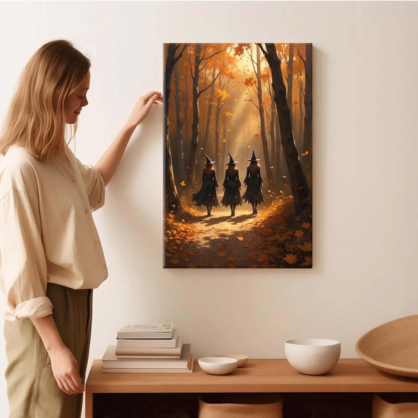 JFHCQJPK Three witches walking in the forest in autumn canvas painting gothic poster halloween print country witch wall art for home decoration8x12in Frameless