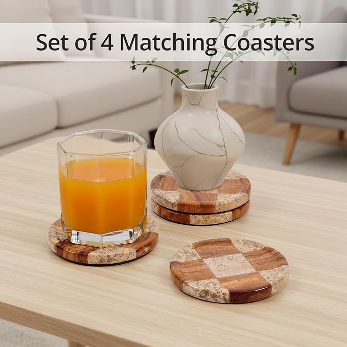 Marble Coasters Set of 4, Coral & Red Handmade 4 inch Round Natural Marble Coaster, Elegant Drink Checkered Coaster Plates for Coffee Table, Stylish Bar Accessories & Home Décor