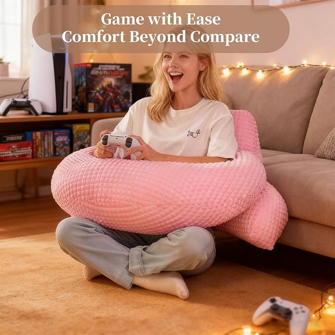 17" Reading Pillow for Bed,U Shaped Arm & Elbow Support,Pink Flannel | Backrest Supports Back,U shaped Lap Pillow Cushions Arms,Elbows & Wrists,Soft Flannel for Reading,Gaming,Watching TV