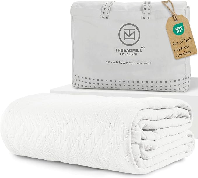 Threadmill Luxury Cotton Blankets for King Size Bed | All-Season Cozy 100% Cotton King Blanket | Criss Cross Jacquard Soft & Lightweight Coverlet fits California King Size Bed, 104x92 | White
