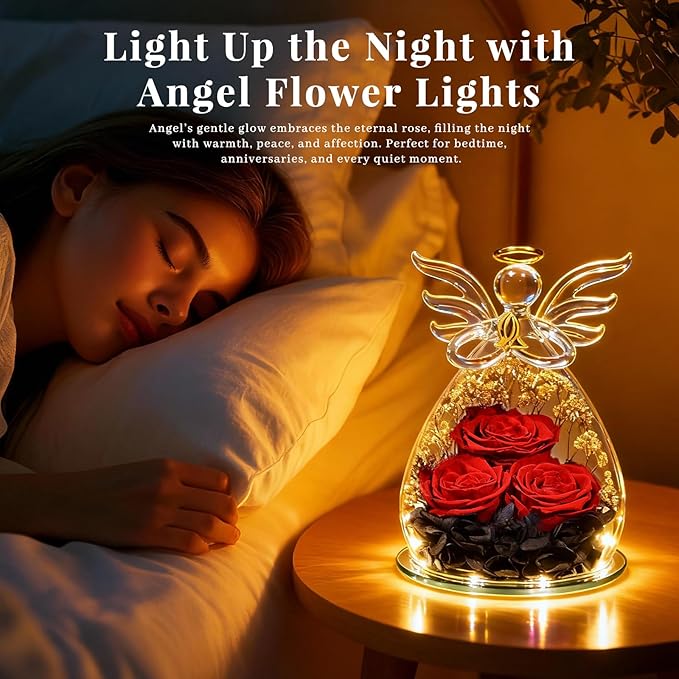 Beferr Mothers Day Mom Birthday Gifts for Women, Fresh Flowers for Delivery Forever Preserved Rose in Glass Angel Figurine, Anniversary Christian Real Rose for Grandma Nana Wife Mum from Daughter Son