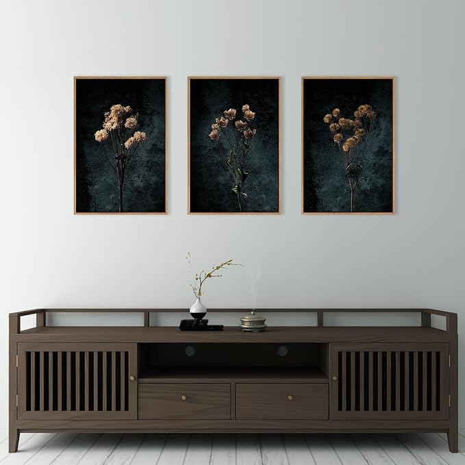 LHIUEM Dark Moody Wildflowers Framed Canvas Wall Art Set,Minimalist Wildflower Wall Decor,Vintage Black Flower Botanical Painting, Aesthetic Floral Artwork for Living Room,Bedroom,Office-16''x24''x3