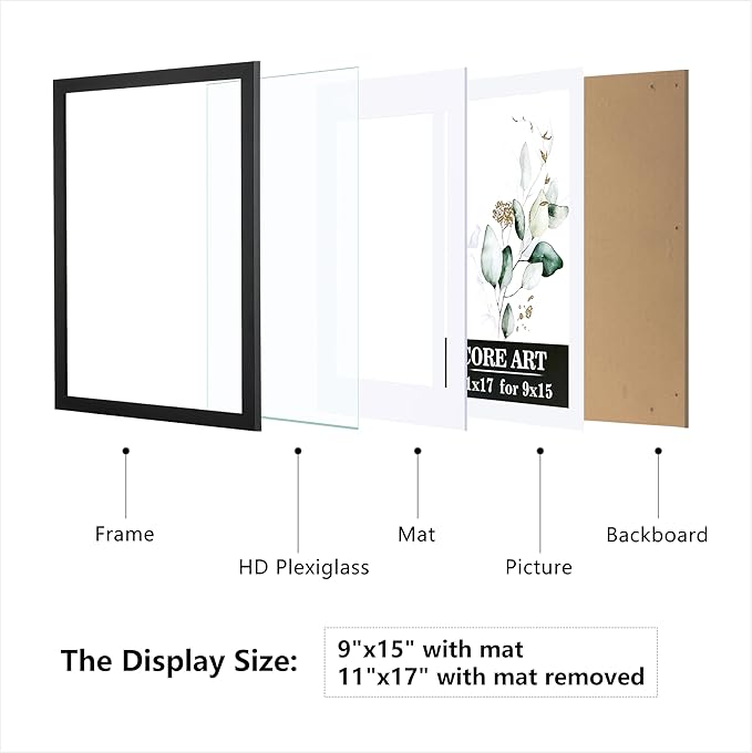 CORE ART 11x17 Picture Frame Set of 4, Display Pictures 9x15 with Mat or 11 x 17 without Mat, Multi Photo Frames Collage for Wall or Tabletop Display, Black