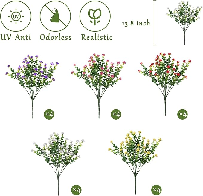 NETAP Outdoor Artificial Flowers UV Resistant, 20 Bundles Fake Realistic Floral Greenery Plants for Outside Porch, Window Boxes, Garden, Yard, Inside Home Table Decor,MixcolorD