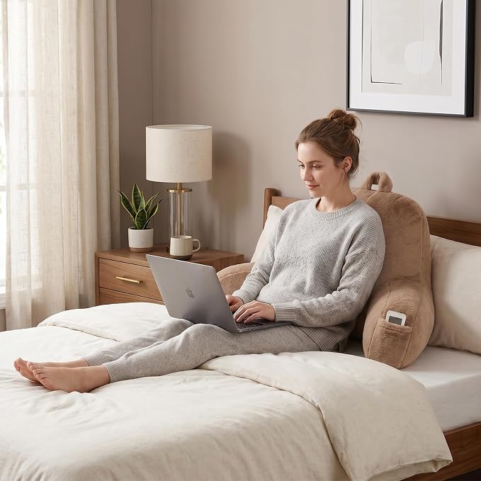 Large Plush Backrest Pillow for Sitting in Bed,Faux Fur,Khaki | 19" Back Pillow with Arms Supports Adults,College Students,Elbows & Forearms for Dorm Reading,Gaming,Watching TV