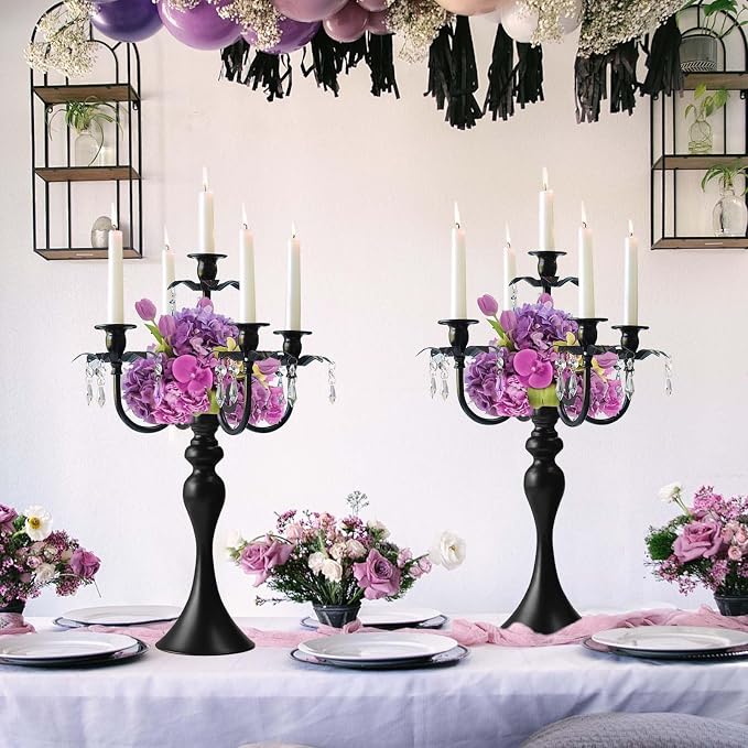 20''Tall Black Crystal Pendant Taper Candle Holders/Stylish Candle Stands/Candlesticks Holder/Candelabra for Home Decor, Weddings/Parties/Elegant Dining Table Centerpiece (2, Black)