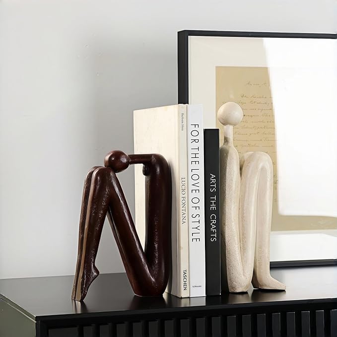Resin Book Ends, Abstract Thinker Modern Minimalist Decorative Sculpture Bookends, Non-Slip Heavy Duty Bookends for Shelves for Home Office Shelves Desk, Set of 2 (Brown & White)