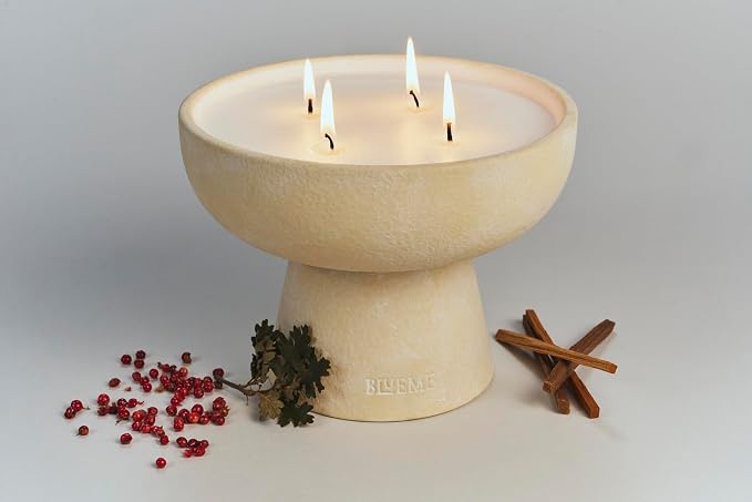 Blueme Romance Candle | Oakmoss & Sandalwood | 4 Wick - Refillable Wellness Candle with Essential Oils, Hand Finished & Poured Soy Wax Blend Ceramic Vessel, Natural Cotton Wicks | Large 24 oz
