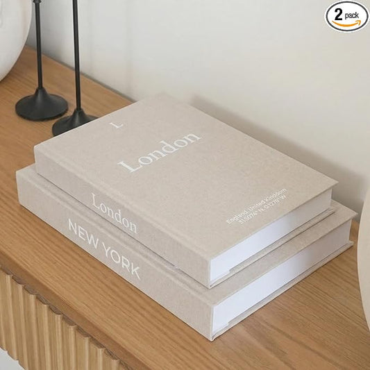 Faux Book Storage Box Set of 2—Beige/Beige—Decorative Faux Books with Hidden Storage for Coffee Table Decor, Bookshelf or Mantle—Linen Decorative Boxes—Aesthetic Book Decor for Home
