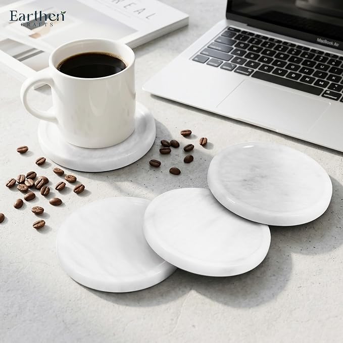 Marble Coasters Set of 4 for Drinks Countertop 4 Inches Round White Stone Drink Coaster for Kitchen Counter, Ideal for Home Decor House Warming Gifts
