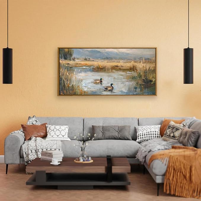 QTUSYUR Mallard Duck Pond Wall Art - Large Farmed Vintage Countryside Art Print -Wildlife Canvas Artwork for Farmhouse Cabin Bird Hunter- Rustic Lake Wild Ducks Wall Picture for Home Decor 20×40 IN