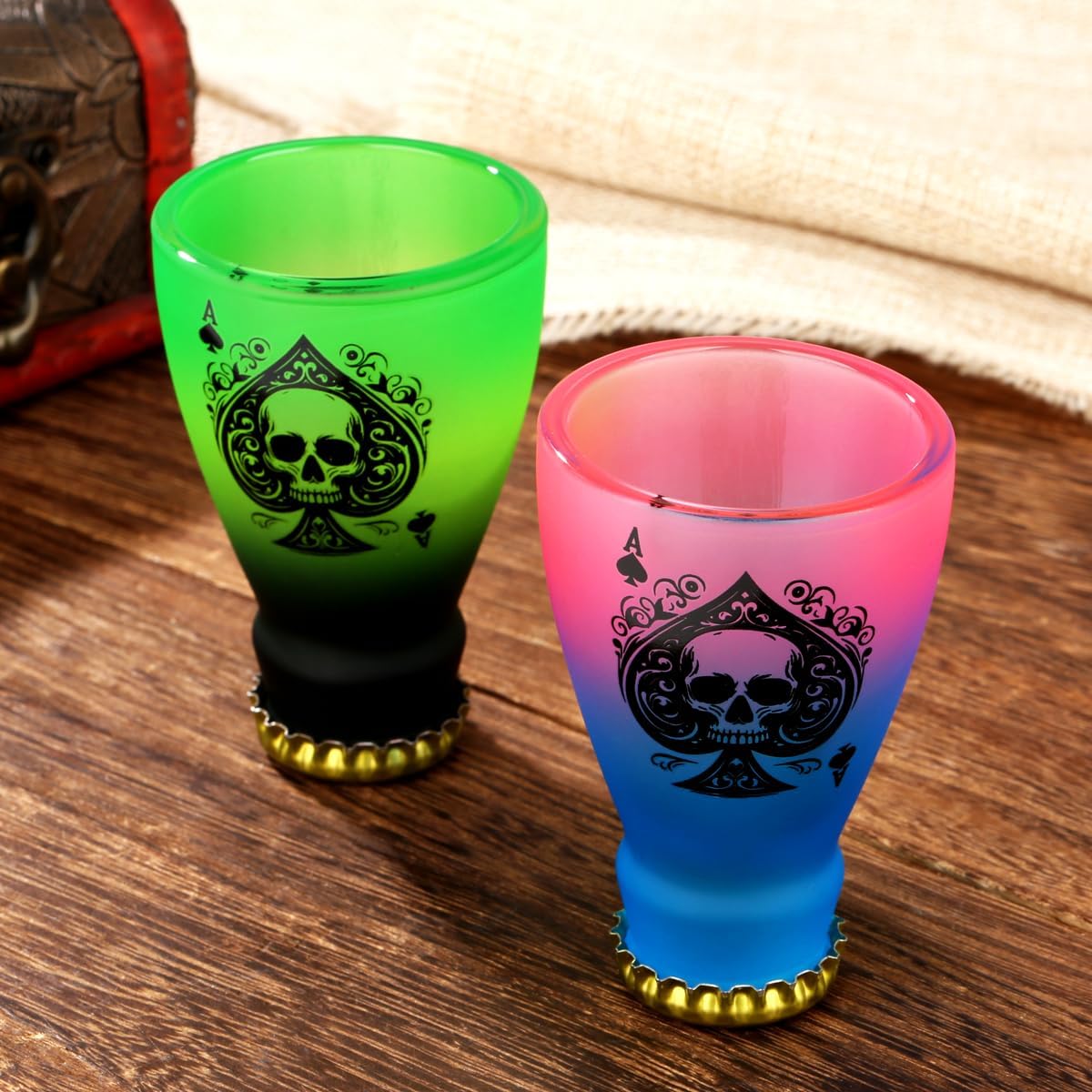 Spades Skull Pattern Glass Shot Glasses, Unique Wine Bottle Shot Glass, 43ml Shot Cups Set of 2 with Gift Box for Alcohol Shots, Vodka, Expresso, Tequila & Dessertsor, Gothic Christmas Gift