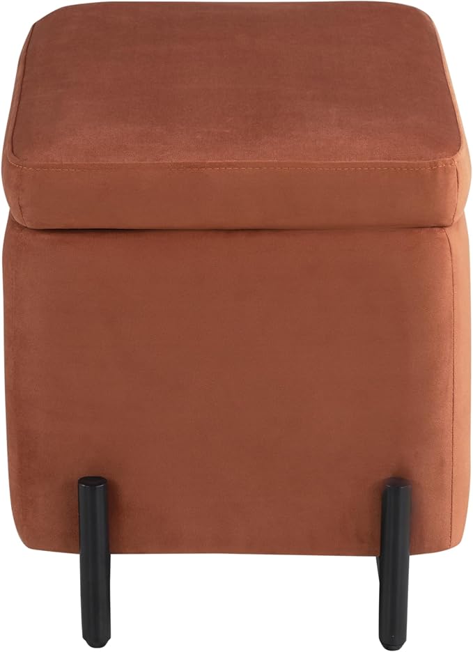 Studio Living® Connor 24" Small Storage Ottoman, Modern Boho, Matte Black Metal Legs, Velvet Fabric, Rust