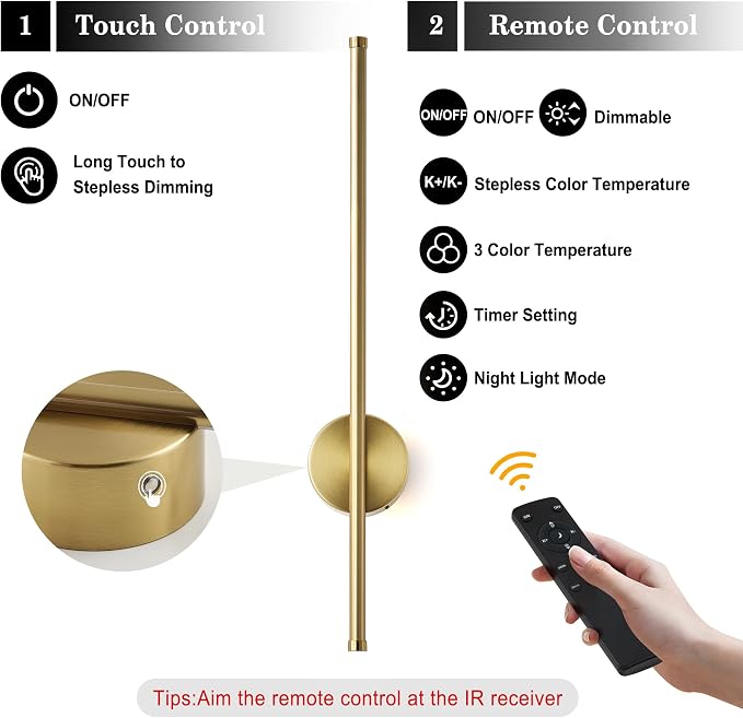 Battery Operated Modern Wall Sconces, Dimmable Wireless Wall Light Set of Two with Remote Control, 3 Color Temperatures, Rechargeable LED Wall Sconce for Bedroom, Living Room, Hallway, 23.6 Inch Brass