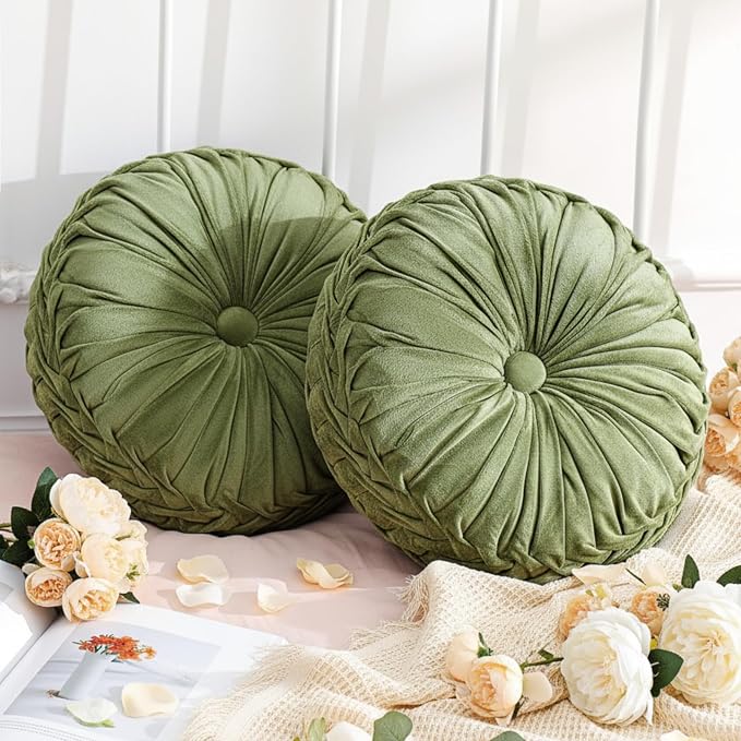 Drydiet 2 Pcs Round Throw Velvet Pillows Decorative Pleated Throw Pillows Diameter Accent Pumpkin Boho Chair Cushion for Couch Sofa Home Decoration (Olive Green,15'')