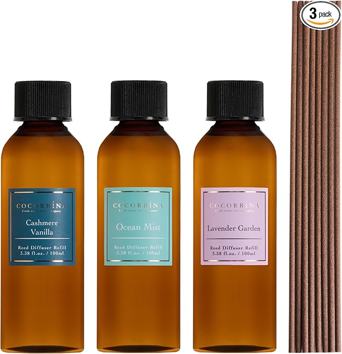 COCORRÍNA Reed Diffuser Set, 10.2oz Scented Oil Refill 3 Pack, Cashmere Vanilla, Ocean Mist, Lavender Garden, Long Lasting Oil Diffuser Refill with 18 Sticks for Bathroom & Bedroom