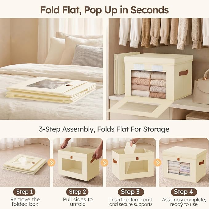 Homsorout Storage Bins with Lids - Front Opening Storage Box with Clear Window & Handles, Stackable Foldable Fabric Bins for Closet Organization, Clothes, Sweaters, Towels, Blankets, 3 Pack, Beige