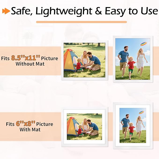 8.5x11 Picture Frame Set of 2, White Photo Frames for Gallery Wall Mounting, Display Pictures 6x8 with Mat or 8.5 by 11 Without, Certificate Frame with Plexiglass for Home Office Wall Decor