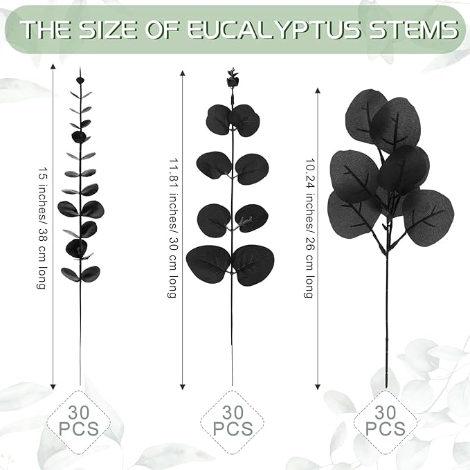 Giegxin 90 Pcs 3 Kinds Mixed Artificial Eucalyptus Leaves Stems Bulk Silver Dollar Leaves Picks Dried Eucalyptus Bundle Faux Spray for Wedding Vase Bouquet Floral Arrangement (Black)