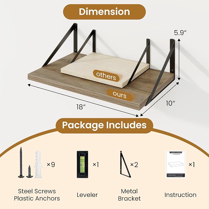 Acovy Floating Shelves for Wall,18" Wall Mounted Shelves Set of 2,Wood Floating Shelf with Bracket,Sturdy Metal Bracket Bookshelves Home Decor Storage for Living Room,Bedroom,Bathroom,Kitchen,Grey