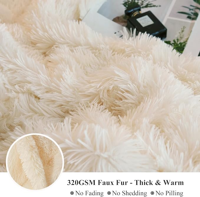 XeGe Plush Shaggy Duvet Cover Set, Luxury Ultra Soft Crystal Velvet Fluffy Bedding Sets 3 Pieces(1 Furry Faux Fur Comforter Cover + 2 Fuzzy Faux Fur Pillowcases), Zipper Closure(Queen, Light Beige)