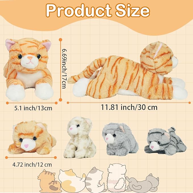 5 PCS Cat Stuffed Animal with Babies, Mommy Stuffed Orange Cat Toy with 4 Plush Kittens Inside Belly, Stuffed Kitty Plushies Toys for Kids Easter Stuffers Birthday Christmas Party Favors Gifts