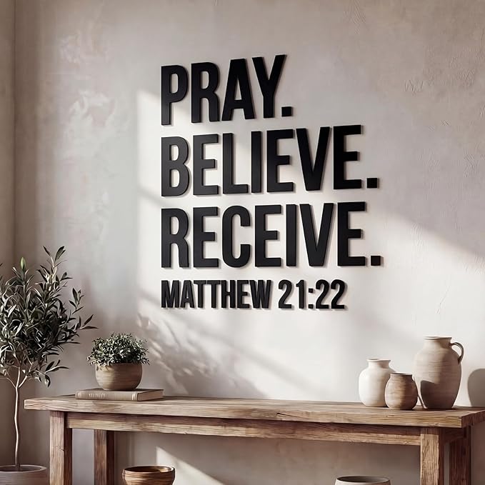 AceOrbit Christian Bible Verses Wall Art Decor Pray, Believe, Receive, 39.4" x 34.9" Wooden Religious Scripture Jesus Wall Decor 3D Letters Hanging Prayer Decoration for Church Home