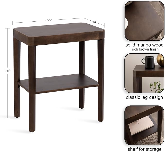 Kate and Laurel Talcott Modern Rectangle Wood Side Table; 22 x 14 x 26; Dark Brown; Transitional Decorative Two-Tier End Table for Use as a Bedroom Nightstand or Living Room Accent