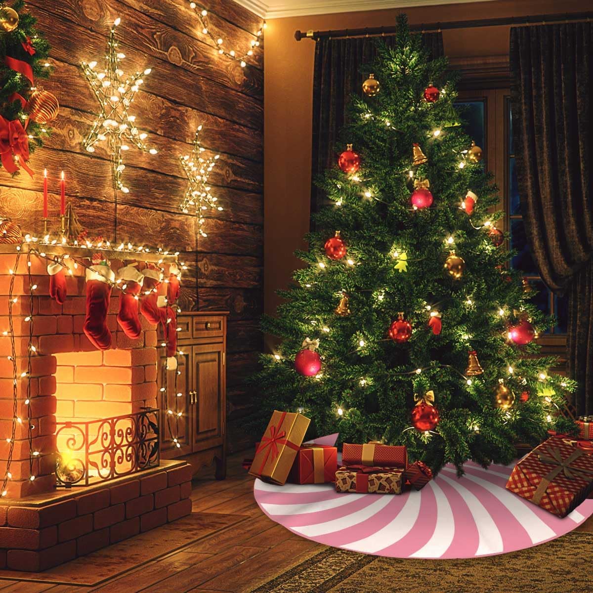 Swirl Stripe Christmas Tree Skirt 36 inches Sweet Candy Cane Pink Christmas Decorations Xmas Tree Mat Holiday Party Home Decorations (Pink, 36in)