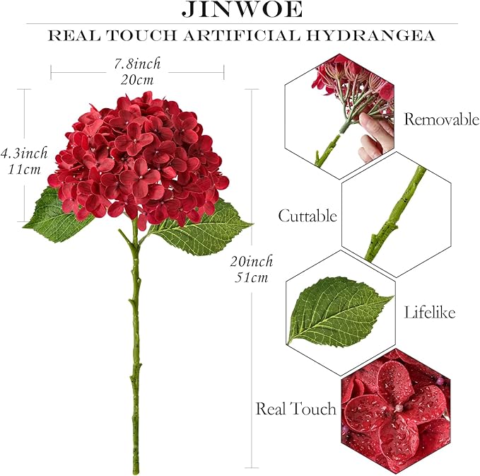 JINWOE Hydrangea Artificial Flowers, Lifelike Latex Silk Real Touch Faux Hydrangea Flowers, Artificial Hydrangeas Bouquet for Wedding Centerpieces Tables Party Home (Red)