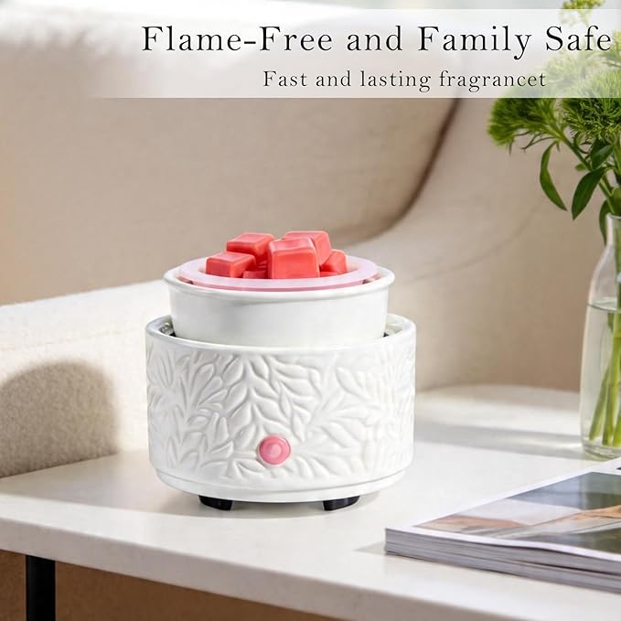 Electric Wax Melt Warmer with Timer & Silicone Liner, 3-in-1 Ceramic Scented Wax Burner for Home Aromatherapy, Fast Melting Fragrance Warmer for Essential Oils & Wax Cups, Flame for Women