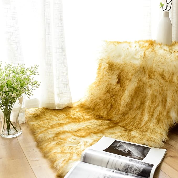 Carvapet 2x3 Luxury Faux Sheepskin Rug - Yellow and White Soft Fluffy Shaggy Area Carpet, Plush Fuzzy Throw and Small Furry Chair Cover Seat Pad for Bedroom Living Room