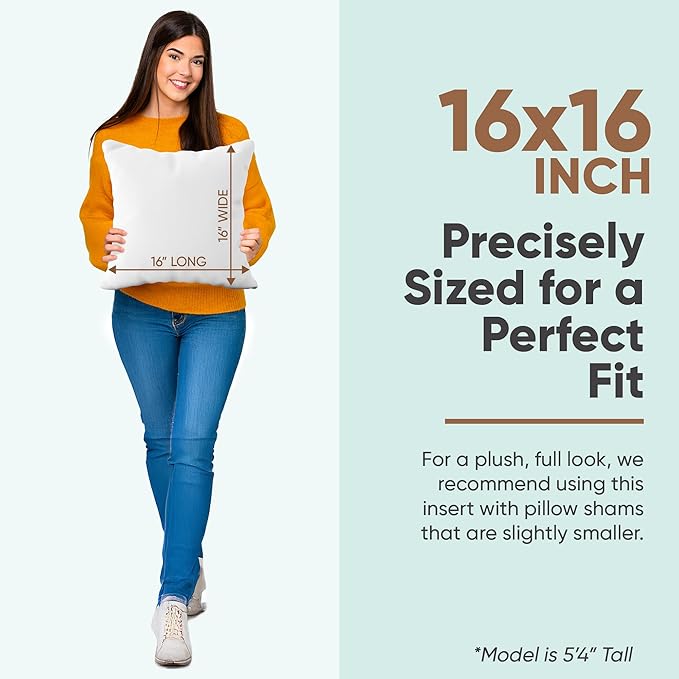 Pillowflex Synthetic Down Pillow Insert - 16x16 Down Alternative, Ultra Soft Throw Pillow, Small Couch Sham Bed Sleeping Pillow - 1 Decorative Accent Form