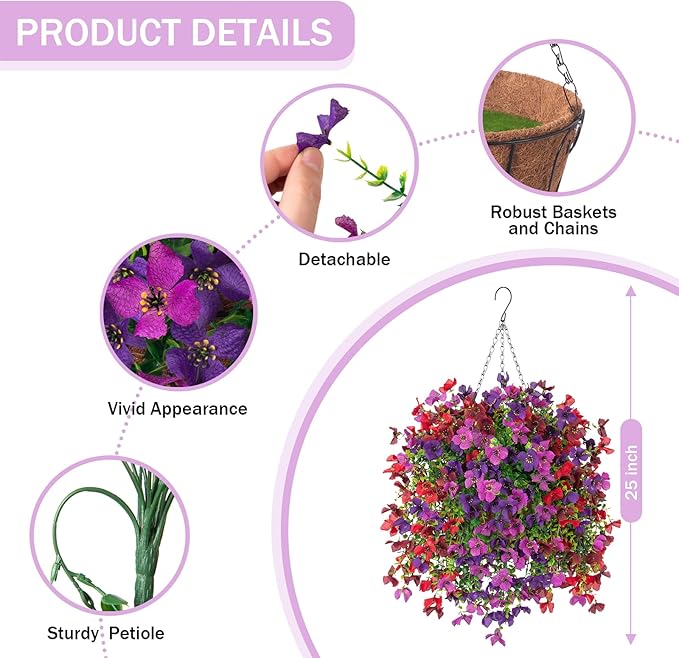 Artificial Hanging Flowers Plants with Basket for Outdoors, Realistic Faux Silk Daisy Flower Eucalyptus for Spring Decor, UV Resistant Fake Plants for Porch Patio Yard Balcony, Purple Red Brown