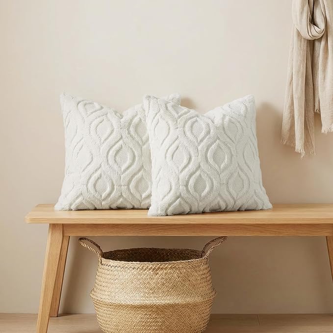 decorUhome Throw Pillow Covers 16x16 Inch Set of 2, Soft Plush Faux Wool Cream White Solid Couch Pillow Covers, Accent Farmhouse Neutral Square Pillow Cases for Sofa Bed Living Room