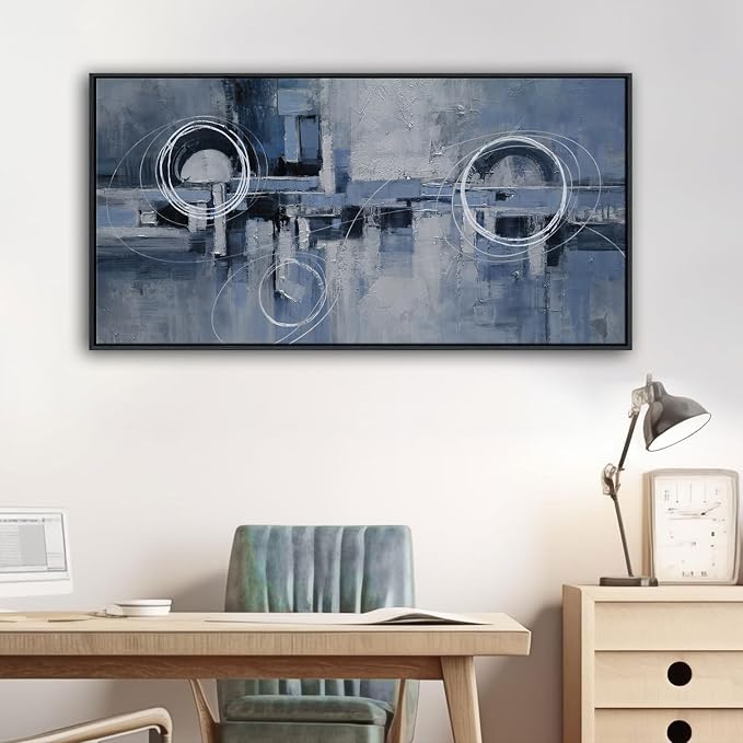 YDYSUNE Large Framed Abstract Wall Art, Modern Minimalist Blue & White Canvas Artwork Painting for Living Room, Bedroom & Office Wall Decor, 24×48 Inches