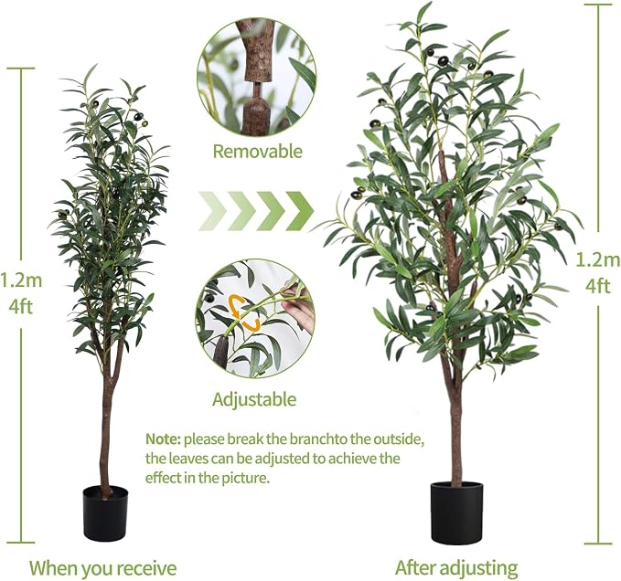 Artificial Olive Tree, 4FT Tall Faux Olive Trees 48in Outdoor Fake Potted Silk Plant with Trunk and Realistic 436 Leaves and 16 Fruits for Modern Office Home Decor（1pack）