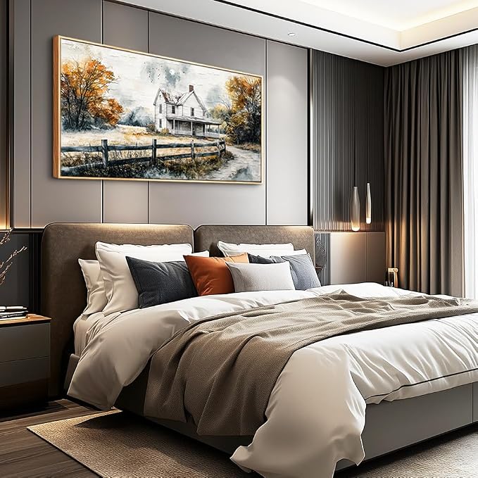 QIYILEXWART Wood Framed Large Wall Decor For Living Room Canvas Wall Art For Office Wall Decoration For Bedroom White Hut Painting Farmhouse Watercolour Picture Home Decor Artworks Ready To Hang