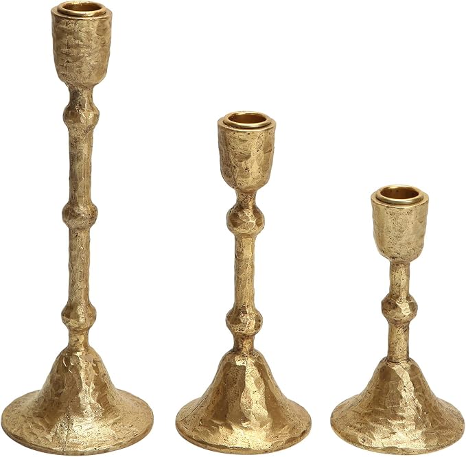 NIKKY HOME Vintage Elegant Gold Hammered Taper Candle Holders Set of 3 | Classic Decorative Resin Candlestick Stand, Perfect for Table Centerpiece, Mantels, Weddings, Dinners, Festive Events