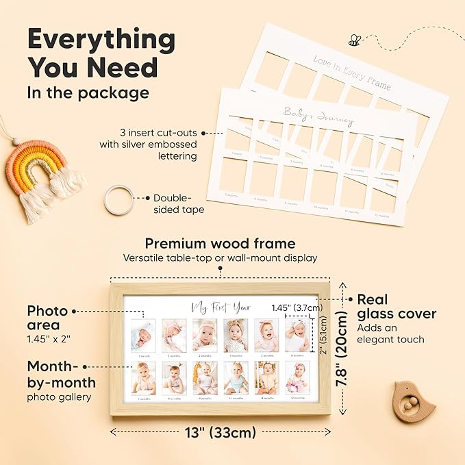 KeaBabies 12 Months Baby Picture Frame for Newborn Girl, Boy and First 5 Years Kids Memory Book - My First Year Photo Frame, Monthly Photo Keepsake - 90 Pages Keepsake Book