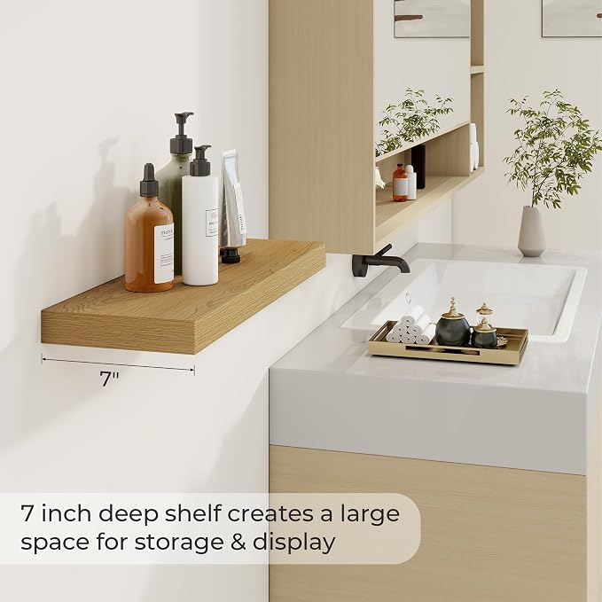 Dreamland 24Inch Floating Shelves 6.7" Deep Wall Mounted Set of 2 Oak | Wall shelves for bathroom, bedroom, kitchen, deep wall mount wood storage display for home decor 24" x 6.7"