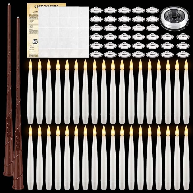 36 Pcs Halloween LED Magic Hanging Floating Candles, Taper Flickering Flameless with 2 Magic Wands - Candle Set for Halloween, Christmas, Weddings, Birthdays & Fantasy Ambiance...