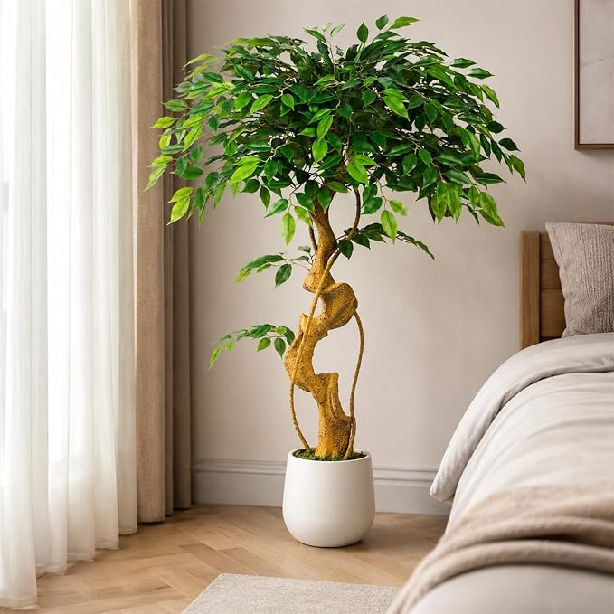 4FT Artificial Ficus Tree, 48in Fake Silk Tree with Curved Trunk & 930 Lush Leaves, Faux Floor Plant with White Pot, Low-Maintenance Decor for Home, Office, Patio