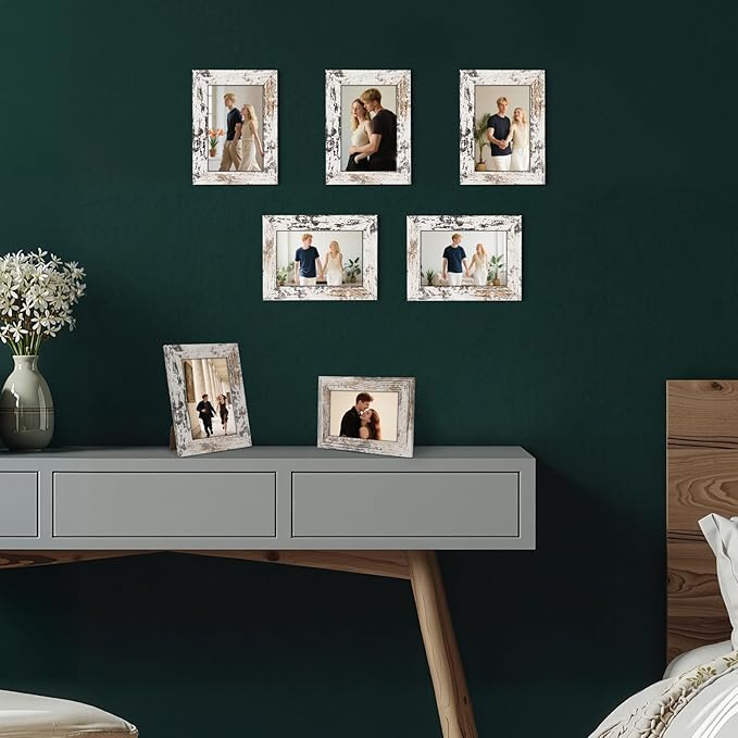 PETAFLOP 4x6 Picture Frame Set of 7, Distressd Rustic Frames Display 4 by 6 Inch Photo for Wall or Tabletop